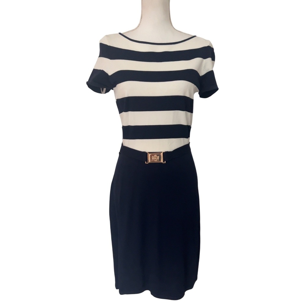 Lauren Ralph Lauren striped belted dress gold logo buckle SZ: M‎